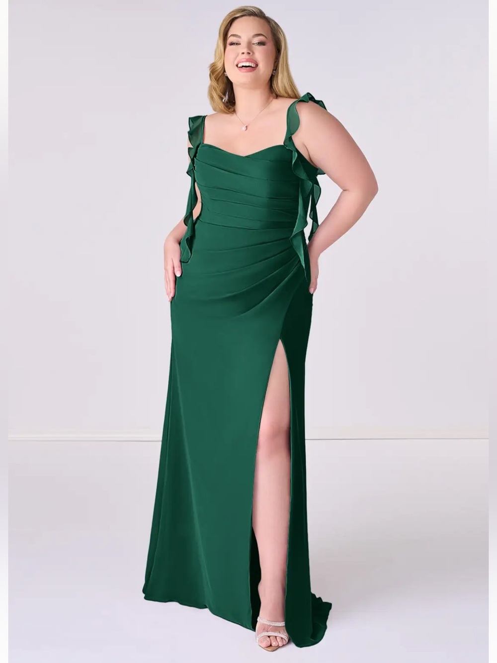Azazie Emerald Green Ruffle Strap Maxi Gown